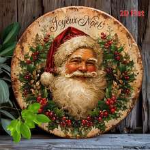 2D Flat, 1pc Wooden Round Sign, Vintage Plaque With Santa Claus Pattern, Christmas Decoration Sign, Suitable For Living Room, Kitchen Decor, Pre-Drilled Holes As Shown In Dimension Diagram - Multicolor - View 1