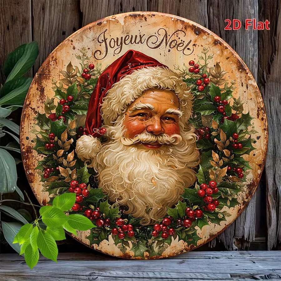 2D Flat, 1pc Wooden Round Sign, Vintage Plaque With Santa Claus Pattern, Christmas Decoration Sign, Suitable For Living Room, Kitchen Decor, Pre-Drilled Holes As Shown In Dimension Diagram - Multicolor - View 1