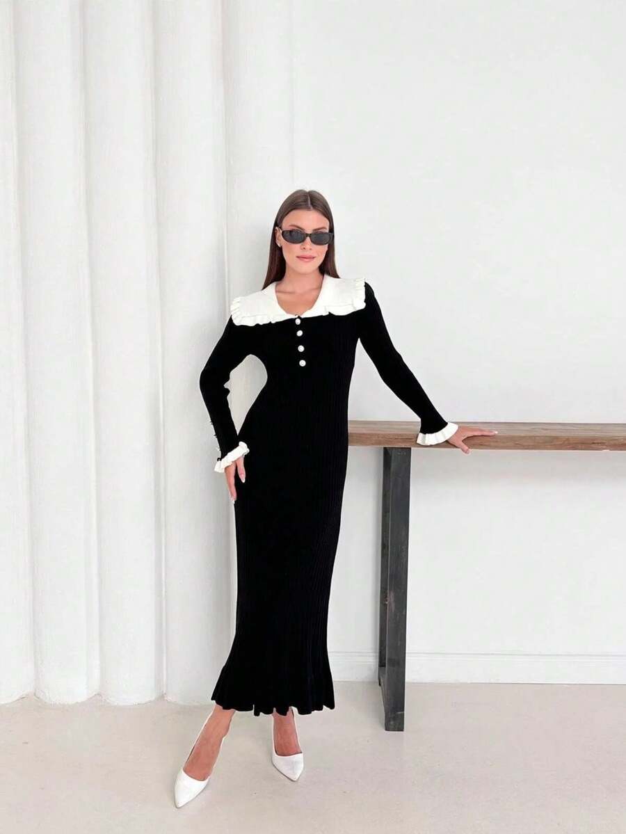 Women's Ruffled Pearl Button Detailed Dress - Black - View 1
