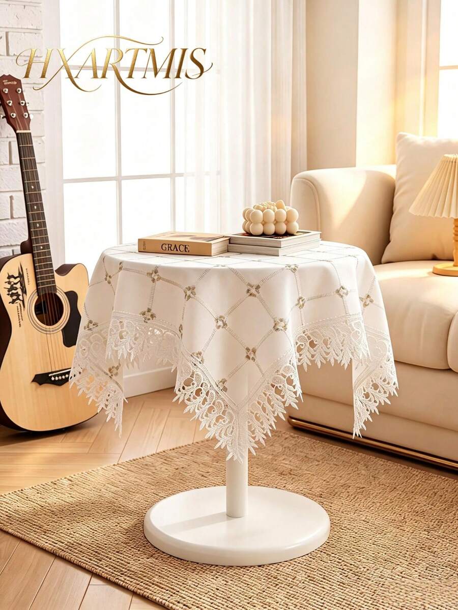 HXARTMIS 1PC White Square Lace Tablecloth, Diamond Embroidery Hollow Out With Tassel Lace Trim Table Cover, Romantic Style Round Coffee Table Side Table Home Decor Tablecloth - White - View 1