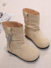Toddler Loose Mid-Calf Boots, Ruched Detail, Solid Color Soft Suede-Like Flat Casual Shoes, Unisex Kids Autumn/Winter Daily Outdoor Wear - Beige - View 7