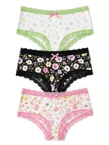 Aesletic 3 Packs Ditsy Floral Women Panties, Bow Decor Lace Trim Briefs Underwear Set - Multicolor - View 5