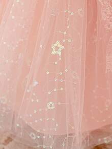Baby Girls Round Neck 3D Embroidered Shiny Sequin Mesh Cute Flower Girl Dress Suitable For Party And Ball, Headband Not Included - Pink - View 9