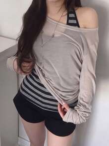 2件組女款修身半透條紋細肩帶背心上衣，優雅風 - 灰色 - 查看 7