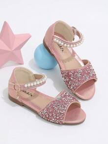 Sandal anak perempuan berwarna merah muda dengan hiasan berlian imitasi, ujung terbuka, liontin mutiara, dan penutup kait dan loop, cocok untuk pesta dan jalan-jalan musim panas. - Watermelon Pink - View 3