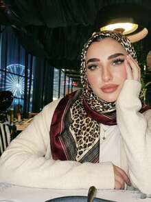 1PC Women's Fashion 90 Square Scarf Printed Scarf Spring Summer Bandana Leopard Print Satin Headscarf - Burgundy - View 1