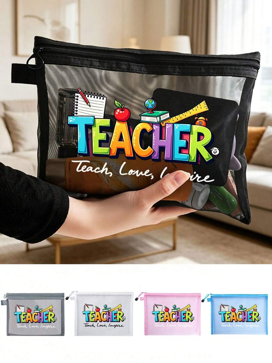 網格拉鍊收納袋，印有「Teach Love Inspire」字母圖案，教師收納袋，大容量便攜多功能收納盒，鉛筆盒與化妝品收納盒，教師感謝禮物，教育工作者感謝禮物，學校辦公旅行假期生日禮物