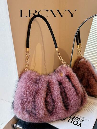 Women's Fluffy Pink Large Capacity Metal Chain Shoulder Bag, Autumn/Winter