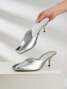 Women's Deep V-Neck Open Toe Mule Shoes, Elegant And Comfortable For Vacation, Party And Daily Wear, Solid Color Slip-On High Heel Sandals - Silver - View 5