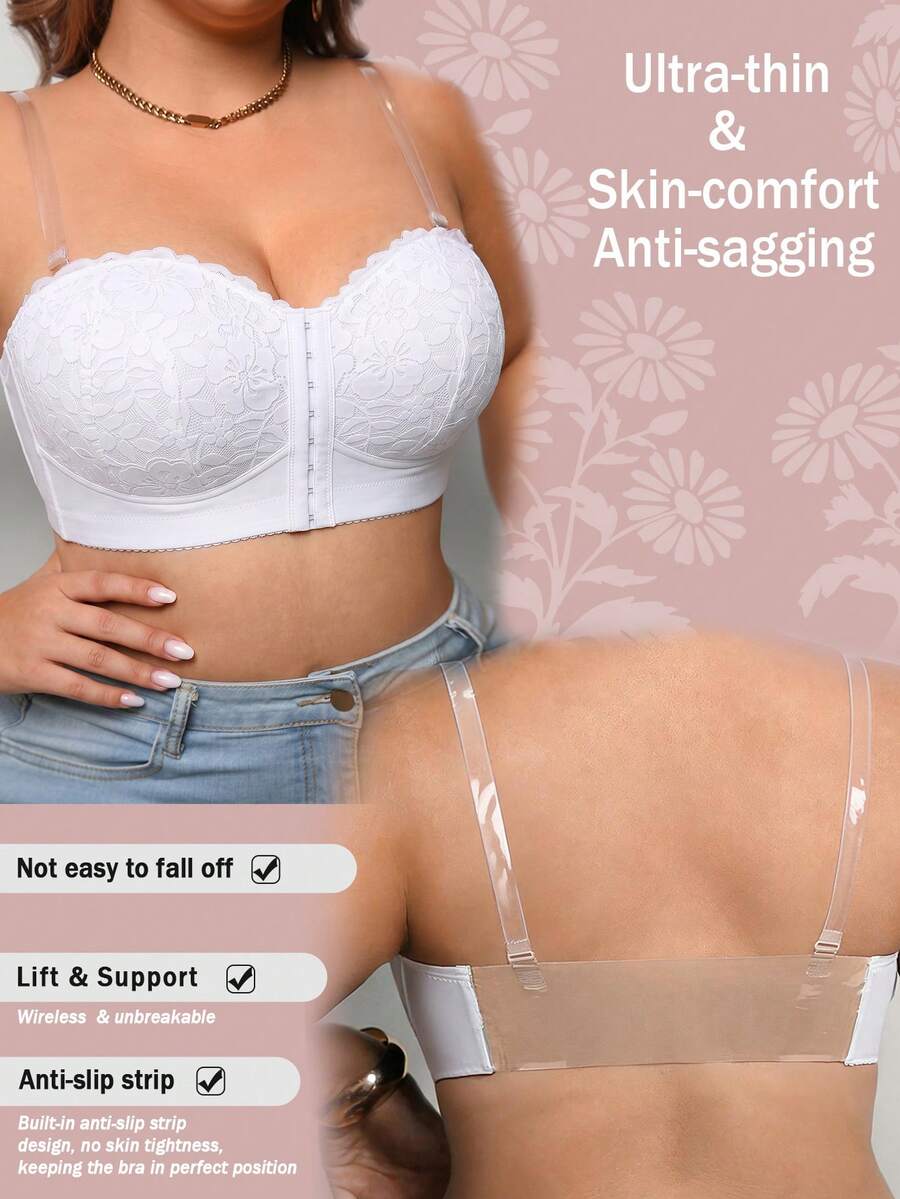 Bra Tanpa Tali dengan Penutup Depan Renda Bunga untuk Wanita Ukuran Plus, Nyaman & Bernapas, Dukungan Samping Push-Up, Pengait Multi-Baris, Tali Transparan yang Dapat Dilepas