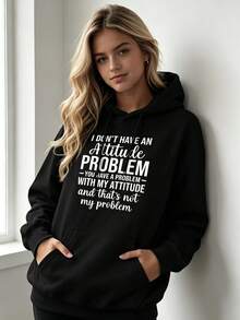ATTITUDE PROBLEM Women's Hoodie,Comfortable Fit,Equipped With Drawstring And Pockets,Suitable For Autumn And Spring Wear,Can Be Paired With Jeans Or L - 黑色 - 查看 2