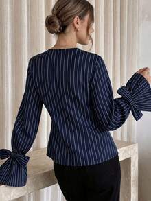 Elegant Women's Round Neck Striped Blouse, Bow Design Bell Sleeves, Polyester Fabric, Suitable For Spring And Autumn Seasons, Elegant Office And Casual Fashion Style - Blue - View 5