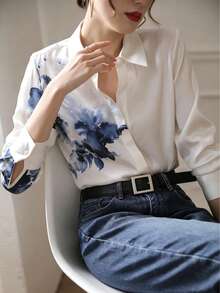 YUXIN Women's Elegant Printed Shirt, Collared Long Sleeve Button Front Regular Fit Polyester Blouse, Autumn Fashion - Blue and White - View 5