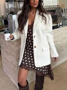 Women's White Long Sleeve Regular Fit Blazer, Button Front Design, Non-Stretch Fabric, Suitable For Autumn/Winter, Fashionable Versatile Jacket - Off-white - View 1