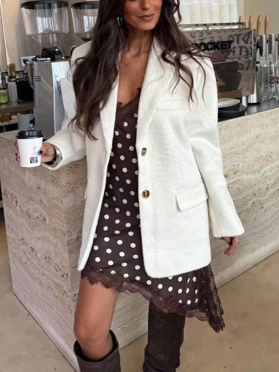 Women's White Long Sleeve Regular Fit Blazer, Button Front Design, Non-Stretch Fabric, Suitable For Autumn/Winter, Fashionable Versatile Jacket - Off-white - View 1
