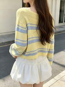Atmospheric Gentle Korean Style, Bestselling Striped Knit Cover Up, Round Neck Short Hollow Knit Sweater, Spring/Autumn, Loose Collarbone Design Fall - Yellow - View 3