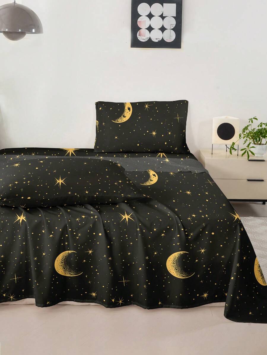 4Pcs Crescent Pattern Print Sheet Set,1Fitted Sheet,1Flat Sheet & 2Pillowcases,Soft Skin-Friendly Breathable Bedding Set,Comfortable Machine Washable Mattress Protector,Easy-Care All-Season Bedroom Decor For King Queen Full Twin Size Home Bedding Set - Multicolor - View 1