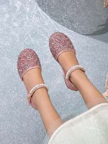 Girls' Pink Rhinestone Closed-Toe Sandals With Pearl Decor Ankle Strap And Hook-And-Loop Closure, Suitable For Summer Outings And Performance Outfits - Watermelon Pink - View 2