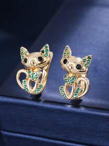 1 Pair Creative Cat Shaped Copper Material Zirconia Inlaid Women's Earrings, Daily Commute, Party, Gathering Accessories - Earrings - View 5