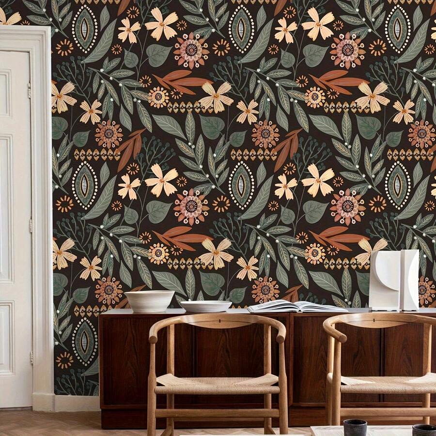 1pc Black Background Deep Green Floral Plant Wallpaper, 17.7" X 118/196", Removable Wallpaper, Living Room, Bedroom Wall And Furniture Renovation Sticker, Autumn Atmosphere Wall Decor, Back To School Decoration, Contact Paper