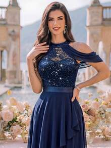 MIUSOL Gaun Koktail Elegan Model Halter Neck dengan Hiasan Payet, Bunga, dan Renda Berlapis, Cocok untuk Ulang Tahun, Tamu Pernikahan, dan Makan Malam Musim Panas. - Navy Blue - View 8