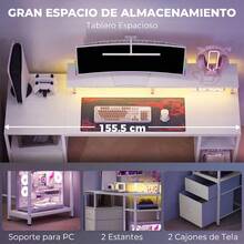 HOMCOM Mesa de Escritorio Mesa de Ordenador con Luces LED Estantes Cajones Tomas de Corriente Puertos USB y Soporte para Monitor para Oficina Estudio 155,5x48x88,5 cm Blanco - Enchufe EU Tipo C(220-240V) - Ver 6
