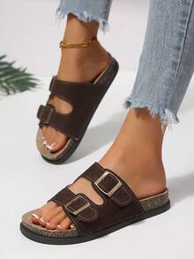 Sandálias Rasteiras Casuais Femininas Novas de Verão, Decoração com Fivela de Metal Design em Forma de H, Bico Redondo Aberto com Duas Tiras Slip-On, Adequadas para Viagem, Férias, Praia, Hotel, Rua, Festa e Outras Múltiplas Cenas da Vida, Sandálias Femininas Marrom Café Minimalistas Confortáveis e Versáteis - Café - Visão 3