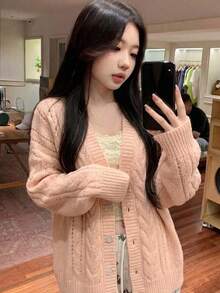 Pink Chunky Knit V-Neck Front Button Cardigan, Long Sleeve Loose Fit Sweater, Soft Casual Layering Top, Suitable For Autumn/Winter And Daily Wear - Pink - View 9
