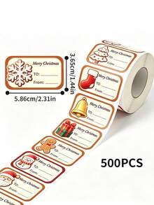 300/500PCS Roll Of Christmas Gift Wrapping Labels, Santa Claus, Reindeer, And Bell Patterns, Christmas Gift Name Label Stickers Roll,For Holiday Gift Box Packaging, Envelope Decoration, Christmas Card, Invitation, And Handmade Gift Sealing Decoration - Multicolor - View 3