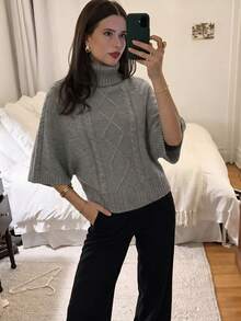 女款休閒秋冬純色灰色高領落肩袖收腰針織紋理毛衣上衣/日常通勤辦公套頭衫 - 灰色 - 查看 4