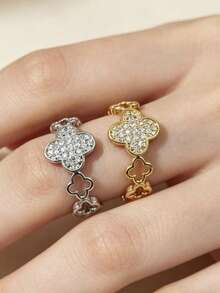 1pc Stainless Steel French Vintage Lucky Four-Leaf Clover & Starry Flower Eternity Band Ring, Fashionable Luxury Micro-Inlaid - Four Leaf Flower Diamond Ring - View 11
