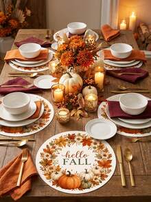 "Hello Fall" Pumpkin & Floral Wreath Round Placemat, Orange Maple Leaf & Daisy Pattern, Rustic Farmhouse Style Printed Table Mat, Suitable For Kitchen Dining Table, Thanksgiving Harvest Gathering And Autumn Home Decor - Multicolor - View 3