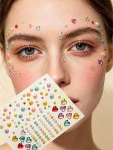Set Stiker Wajah Hati Mutiara Warna-warni Macaron dengan Pinset, Stiker Rhinestone 3D Warna Campuran, Dekorasi Rias Mata dan Wajah Perekat Sendiri untuk Fotografi Anak Perempuan, Riasan Mata Kreatif - MultiWarna - View 1