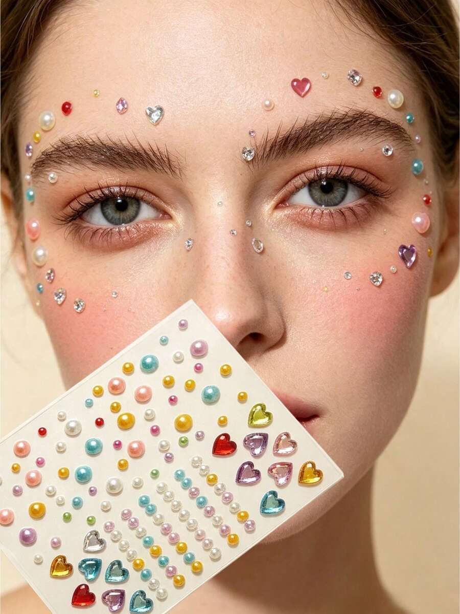Set Stiker Wajah Hati Mutiara Warna-warni Macaron dengan Pinset, Stiker Rhinestone 3D Warna Campuran, Dekorasi Rias Mata dan Wajah Perekat Sendiri untuk Fotografi Anak Perempuan, Riasan Mata Kreatif - MultiWarna - View 1