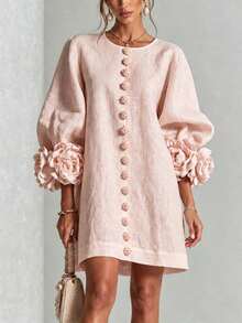 French Three-Dimensional Floral Lantern Sleeve Cotton Linen Dress, Crew Neck Single-Breasted Loose Figure-Concealing Vacation Mini Dress - Pink - View 8