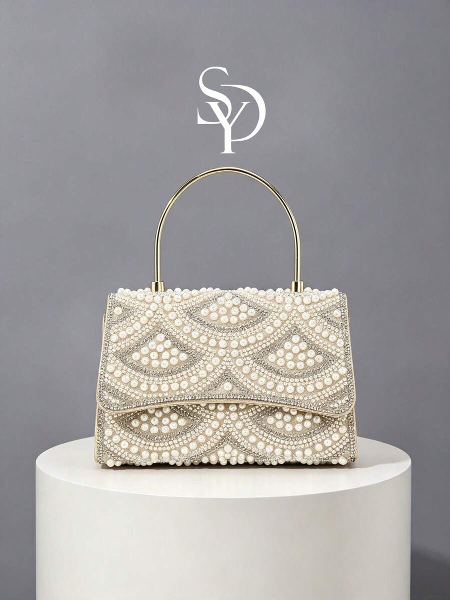 1pc Beige Heavy Embellished Pearl & Rhinestone Handheld Evening Bag, Fan-Shaped Beaded Pattern, Metal Ring Handle, Flap Design, Bridal Dress Bag, Wedding Banquet Party, Can Be Paired With Chain Crossbody - Beige - View 1