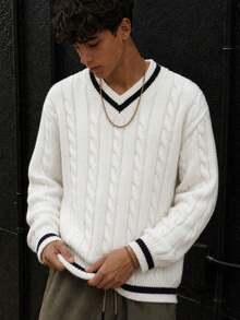 1pc Teen Boys V-Neck Knit Sweater, Elegant & Comfortable, Versatile For Gatherings, Outings, Back To School - White - View 8