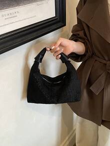 Dedoo 女款腋下包斜跨包，編織壓紋仿麂皮質感，手提式附可拆卸寬肩帶與拉鍊開合，大容量通勤休閒單肩包，適合日常出行與上班族 - 黑色 - 查看 4