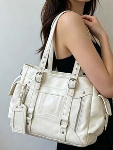 Metal Buckle Pendant Decor, Large Capacity Storage With Zipper Closure, Suitable For Daily Commute And Travel, Can Be Paired With Shoulder Strap For Multiple Carrying Styles, Casual Accessory Bag, Fits Various Outfit Styles Fashion Tote Bag - White - View 6