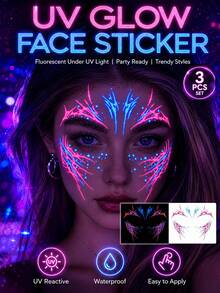 UV Fluorescent Face Temporary Tattoos, Neon Pink & Blue Glow Under Blacklight, Waterproof Long Lasting Face Stickers For Halloween Party, Rave, Festival, Club, Cosplay Makeup, Easy To Apply & Remove - Multicolor - View 7