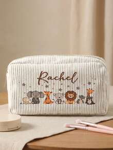 1pc Customizable Embroidered Name/Text Corduroy Makeup Bag, Cartoon Animal Pattern Double-Sided Print Travel Portable Cosmetic Storage Bag Multifunctional Zipper Makeup Bag Wallet, Perfect For Children's Skincare Storage, Can Be Customized According To Your Name - Multicolor - View 4