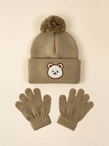 1set Bear Baby Pom-Pom Beanie White Hat Gloves Set, Cozy Knit Winter Warm Heart Cute Hat For Kids, Outdoor Accessory,Winter Baby Hat - Multicolor - View 12