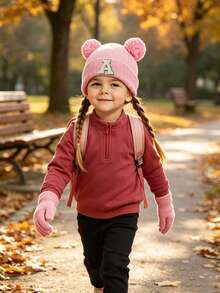 2pcs/Set Kids Fashion A-Z Letter Knit Hat & Gloves Set, Pink, Suitable For Autumn/Winter Daily Casual Wear & Warmth - Pink - View 3