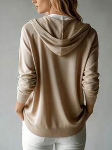 Women's Hooded Cardigan Long Sleeve Button Loose Jacket, Casual Soft Skin-Friendly Drawstring Hood Design Daily Commute Outerwear - Apricot - View 4