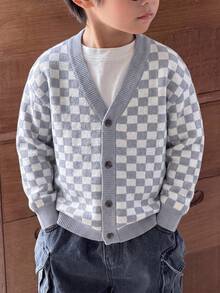 Boys' Vintage Plaid Long Sleeve Knit Cardigan, Loose Fit Versatile Outer Layer Sweater Top - Grey - View 3
