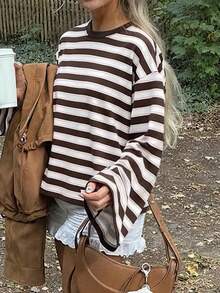 New Fashion Elegant Striped Colorblock Women's Casual Versatile T-Shirt, Vacation College Daily All-Season Top - Brown - View 2