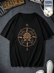 Women's Black Cotton Short-Sleeve T-Shirt, Y2K Retro Style, Featuring A Gold Rose And Compass, Vintage Gothic Floral Print, Summer Wear, Regular Fit - 黑色 - 查看 1