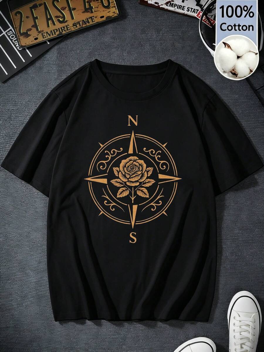 Women's Black Cotton Short-Sleeve T-Shirt, Y2K Retro Style, Featuring A Gold Rose And Compass, Vintage Gothic Floral Print, Summer Wear, Regular Fit - 黑色 - 查看 1