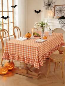 1pc Vintage Halloween Atmosphere Orange & White Plaid Ruffle Edge Tablecloth, Washable And Reusable, Suitable For Daily Home, Family Gathering, Holiday Party, Outdoor Picnic, Cafe Decor - Orange - View 3