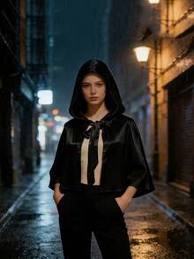 1pc Halloween Party Cape, Short Hooded Solid Color Poncho Style Short Cloak, Christmas Short Hooded Princess Cape, Cosplay - Burgundy - View 6